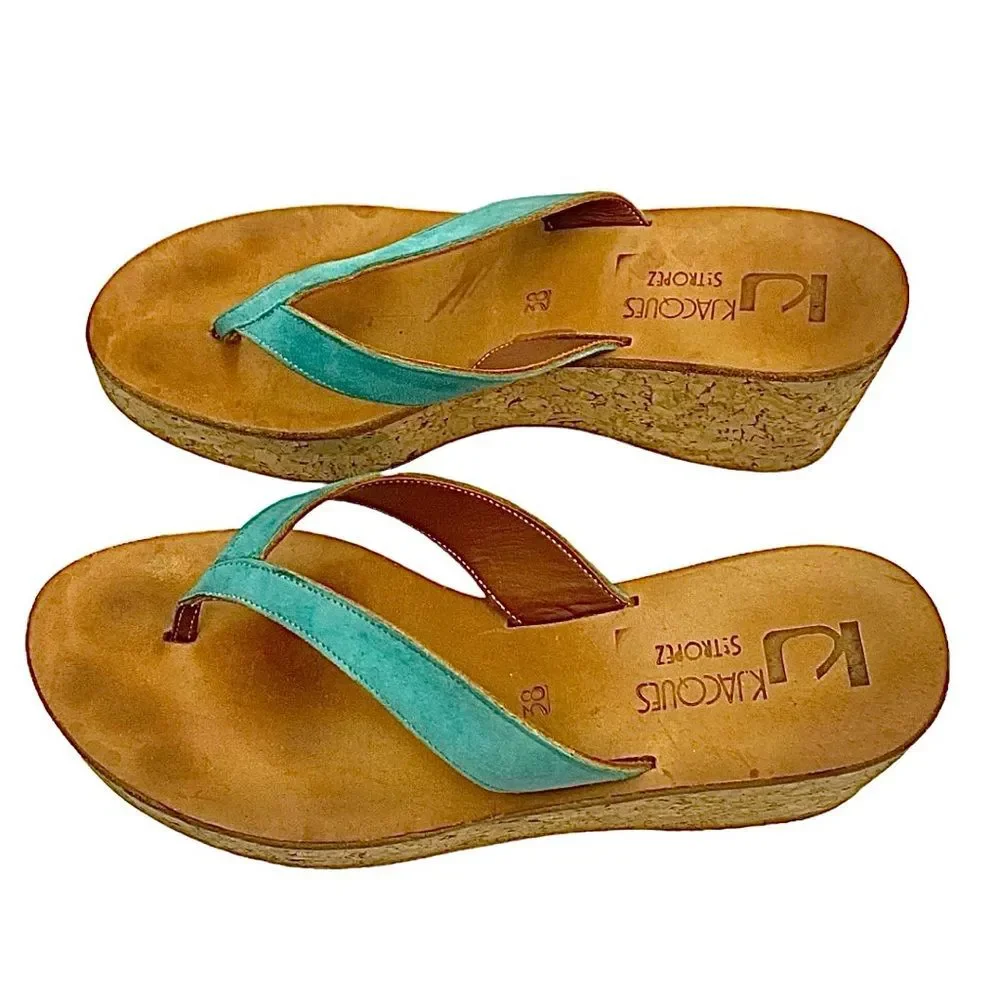 KJacques St Tropez Green Leather Cork Wedge Mule Sandals EU 38 US 7.5